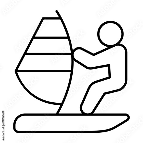 Athlete man on windsurf board thin line icon, summer sports concept. Vector graphics. Surfer on board, windsurfing sign on white background, style icon mobile or web design.
