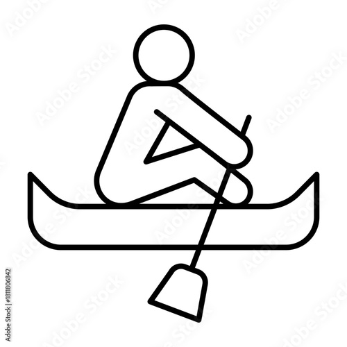 Sportsman at dam with paddle thin line icon, summer sports concept. Vector graphics. Athlete man in a kayak boat with oar sign on white background, style icon mobile or web design.