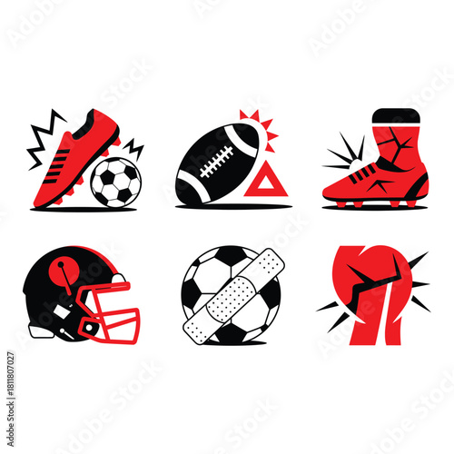 Collection of sports equipment and injuries in red and black style