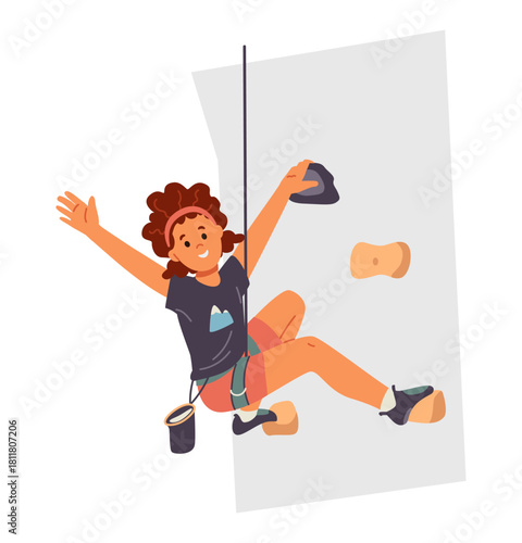 Girl doing rock climbing and waving hand flat vector illustration isolated on white.