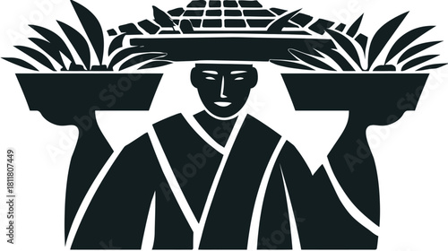 Traditional Asian Person Carrying Produce: Stylized Black and White Graphic Illustration of a Figure with Baskets and Head Load