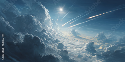 Cruise missiles soar through clouds in a dramatic defense scene