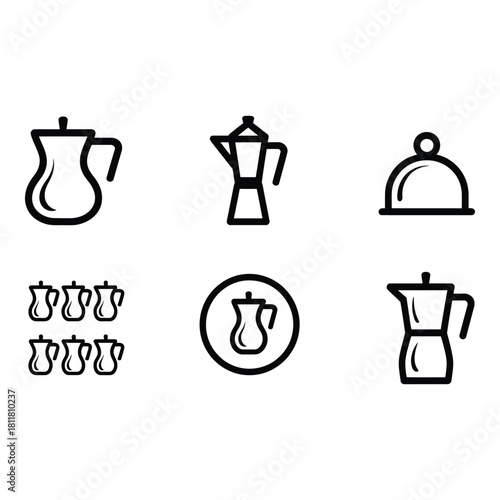 Collection of stylized coffee and tea pots and serving dishes icons