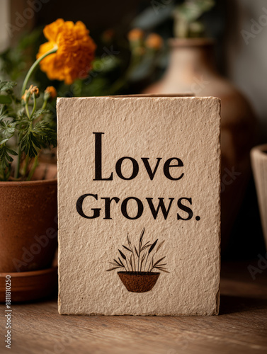 Unique typographic quote about love displayed with plants in a cozy setting
