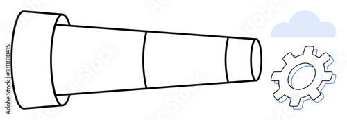 Telescope facing a gear and cloud highlights exploration, innovation, strategy, and forward-thinking. Ideal for technology, planning, industry, problem-solving, discovery futurism simple flat