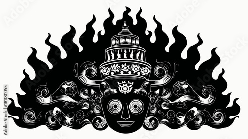Intricate black and white ornamental illustration with a stylized divine face, crown, and fiery decorative elements, embodying cultural symbolism and spirituality.