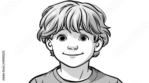 Smiling young boy illustration. Hand-drawn black and white portrait of a happy child with messy hair. Cheerful kid vector graphic.