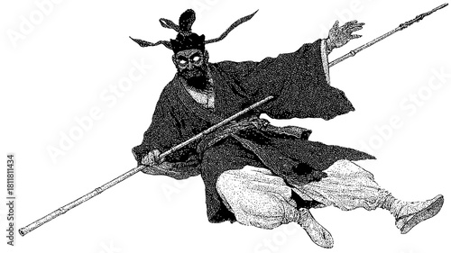 Dynamic ancient East Asian warrior illustration with glowing eyes, spear, and traditional costume. Vintage mythical figure artwork.