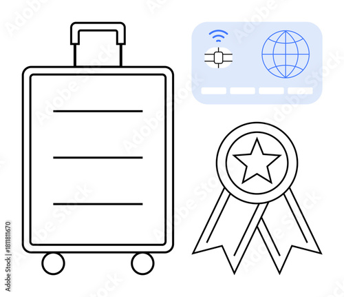Rolling suitcase with digital passport and star badge representing travel, technology, security, mobility, accreditation, global connectivity, and convenience in simple flat metaphor