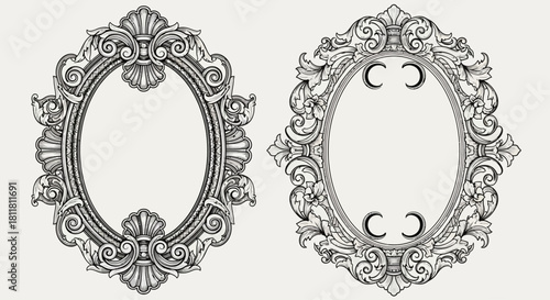 Baroque Rococo Oval Frame Vector Set - Vintage Ornate Ornament Border