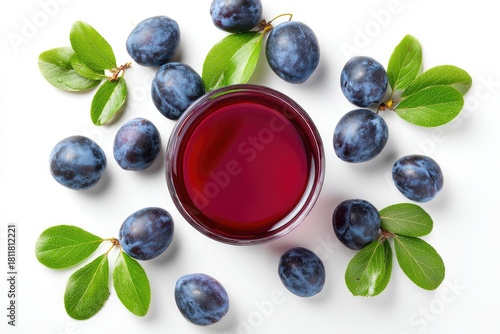 Fresh plum juice in a glass, surrounded by plums and leaves (1)