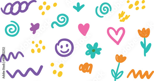 Playful hand drawn doodles in vibrant colors on white background