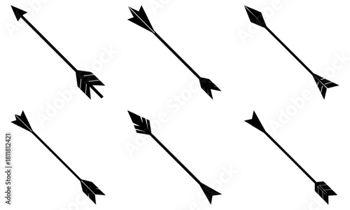 Six black arrows with different arrowheads pointing diagonally on a white background design element