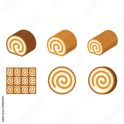 Collection of swiss roll cake slices and whole cake illustration