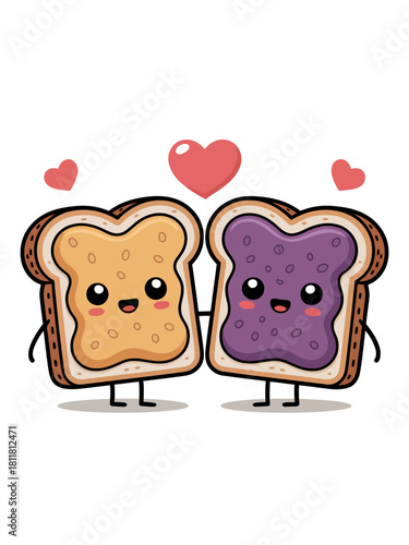 Two cute cartoon bread slices, one with peanut butter and the other with jelly, stand side by side.