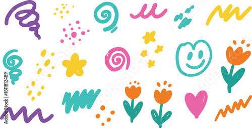 Playful colorful hand-drawn doodle elements on white background