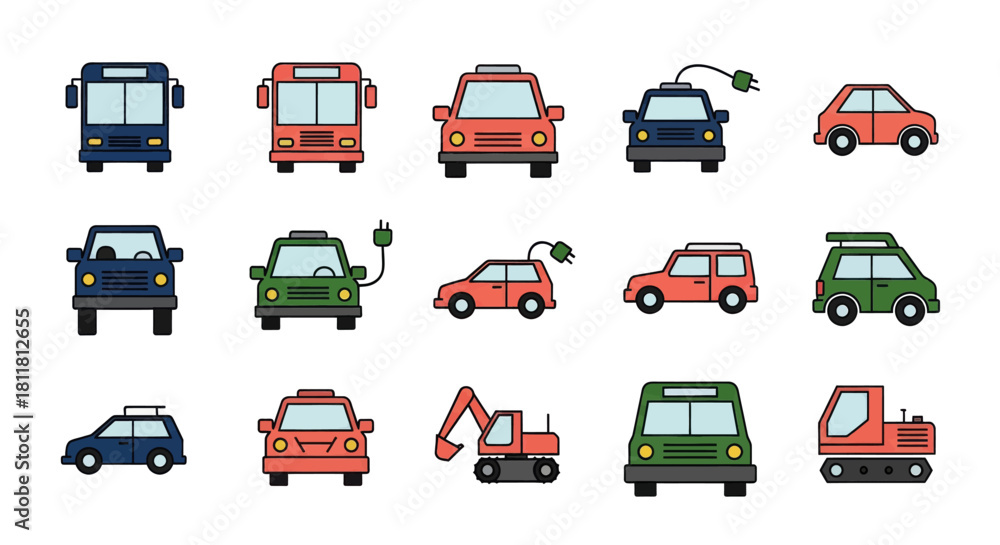 Fototapeta premium Various colored vehicles including cars buses and construction equipment icons on white background
