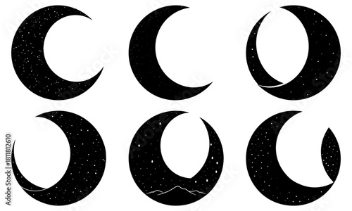 Six crescent moon phases in black and white with varying textures and internal designs shown in detail