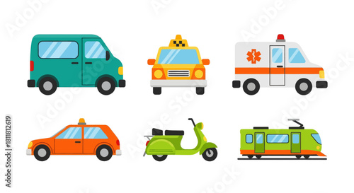 Van taxi ambulance scooter tram vehicle icons set isolated white background