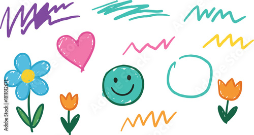 Vibrant hand-drawn doodles: flowers, heart, smile, squiggles pattern