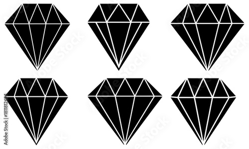 Illustration of six black diamonds arranged in two rows on a white background showing facets and symmetry