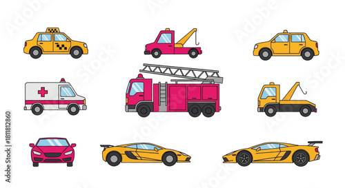 Yellow taxi cab pink tow truck red fire engine white ambulance sports car icons