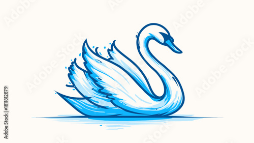 Elegant blue swan illustration with a graceful posture, depicting a beautiful waterfowl bird in a hand-drawn artistic sketch style
