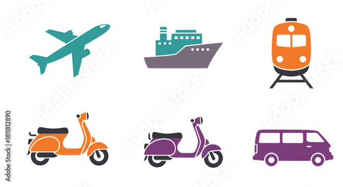 Aircraft ship train scooter van icons on white background