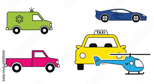 ambulance taxi pickup truck helicopter car vehicles on white background