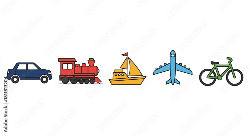 Fototapeta premium blue car red train yellow boat blue airplane green bicycle on white background