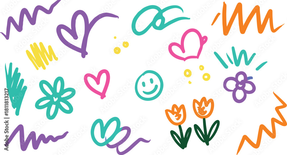 Fototapeta premium Playful hand-drawn colorful abstract doodle shapes and elements.