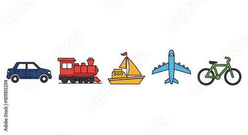 blue car red train yellow boat blue airplane green bicycle on white background