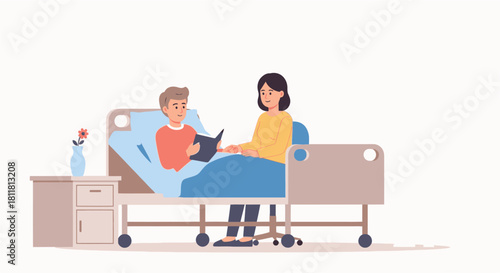 Caring for a patient A woman reading to a man in a hospital bed, offering support