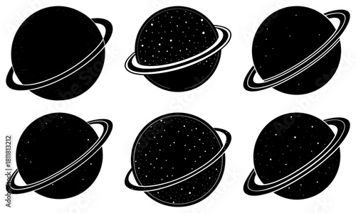 Collection of six stylized planets with rings in black and white space themed illustration