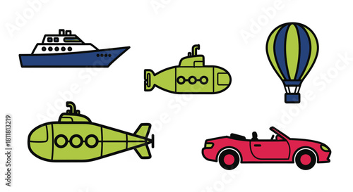 blue boat green submarine hot air balloon red car cartoon style transportation icons