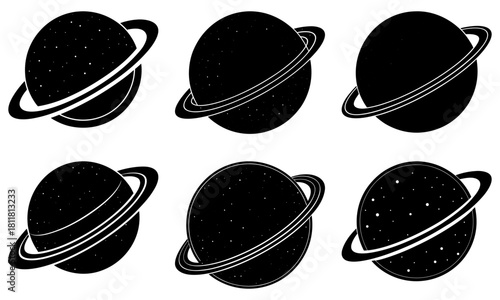 Six black and white cartoon planets with rings and varying star patterns in space illustration