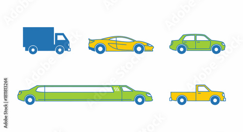 blue truck yellow sports car green sedan green limousine yellow pickup truck on white background