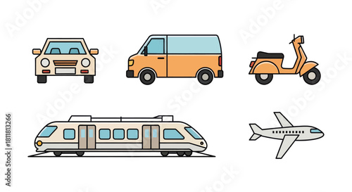 Car van scooter train airplane transportation vehicles isolated on white background