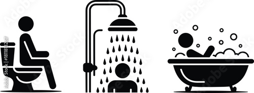 Bathroom icons toilet shower bathtub hygiene, sanitation restroom washroom pictogram, vector silhouette design illustration, cad drawing flat vector illustration