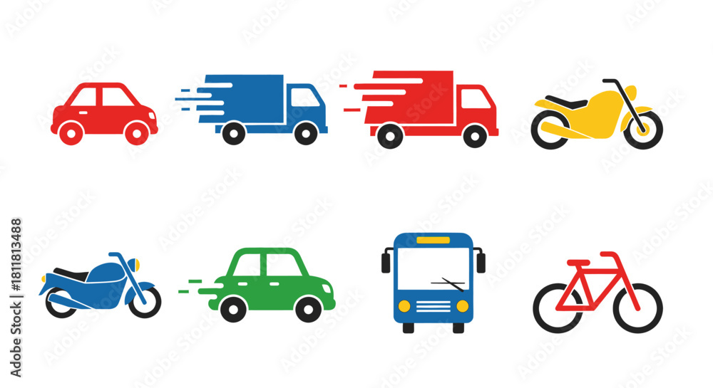 Fototapeta premium colorful icons of various vehicles including car truck motorcycle bicycle and bus on white background