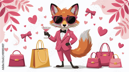 Cartoon Fox in Pink Suit Holding Cocktail Surrounded by Shopping Bags and Hearts animal character