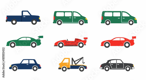 Collection of nine different colored vehicle icons including pickup truck van sedan and tow truck