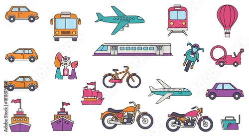 Collection of transportation icons including cars buses planes trains and boats