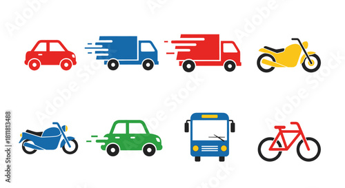 colorful icons of various vehicles including car truck motorcycle bicycle and bus on white background