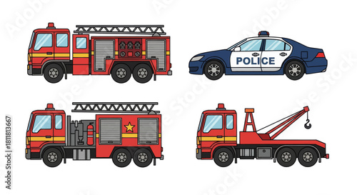 Fire truck police car fire truck tow truck isolated on white background