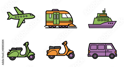 green airplane orange train purple boat green scooter orange scooter purple van on white background