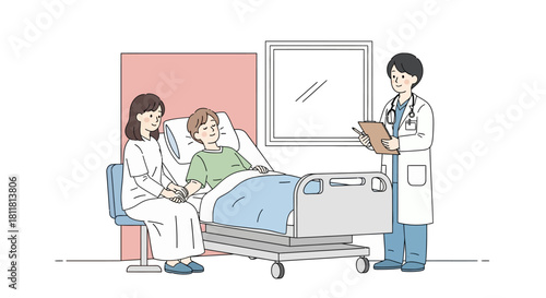 Illustration of a doctor explaining a diagnosis to a patient in a hospital bed with a family member providing support