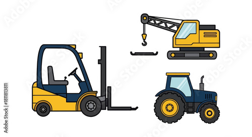 Forklift crane tractor construction vehicles isolated on white background