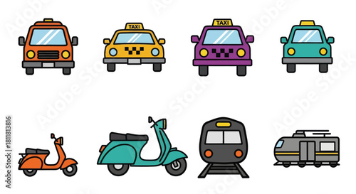 Four taxi cabs and two scooters with train and tram on white background