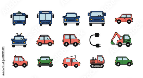 Front view of various vehicles including cars buses and construction equipment